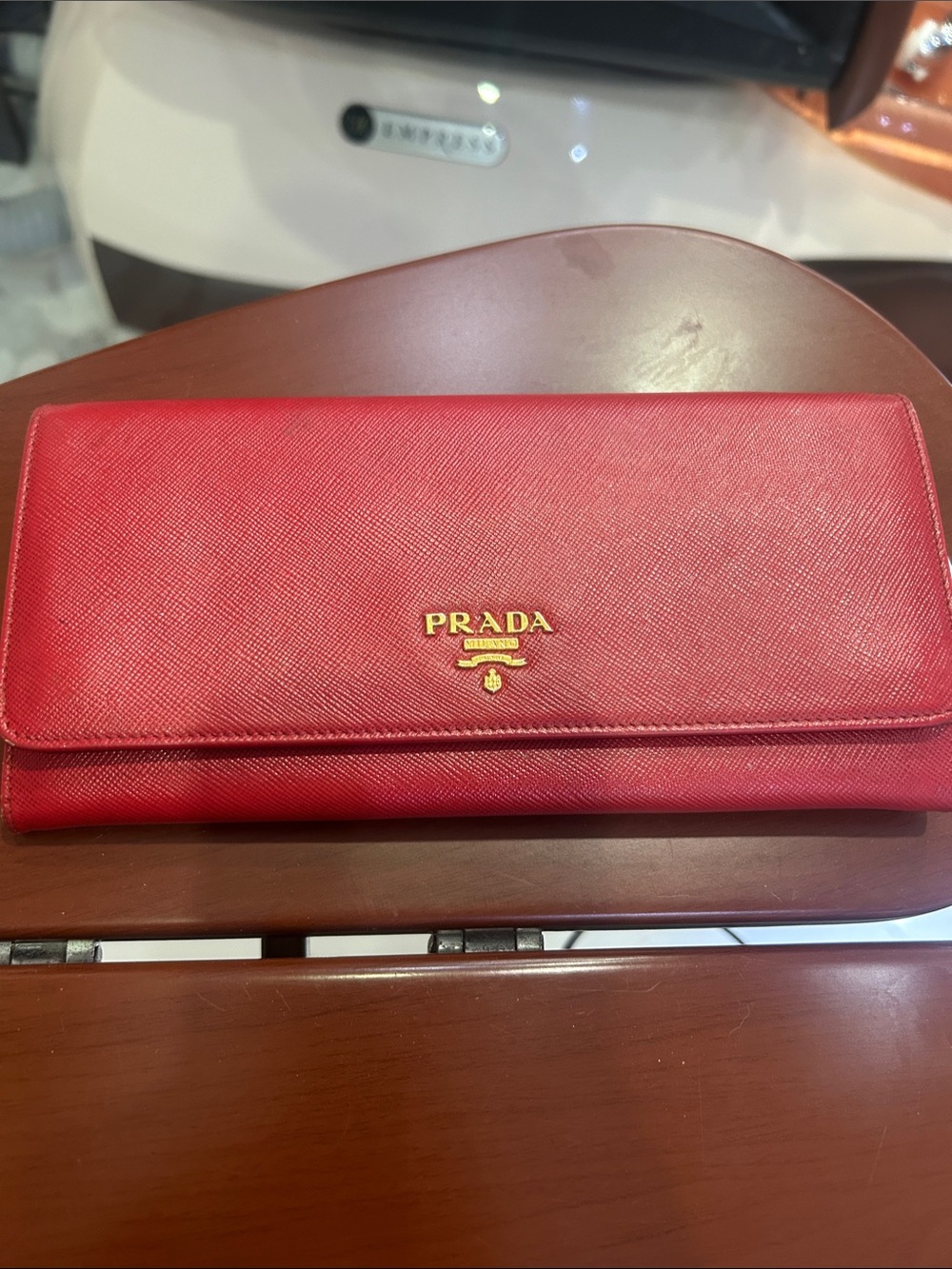 Prada Saffiano Leather Continental Wallet Red Gold Hardware Authentic
